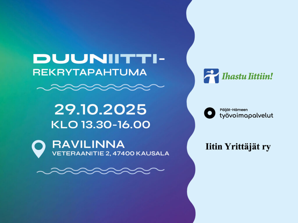 DuunIitti-rekrytapahtuma 29.10.2025 klo 13.30-16.00, Ravilinna, Veteraanitie 2, 47400 Kausala.