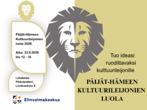 Päijät-Hämeen Kulttuurileijonien luola 2026 -tapahtuma järjestetään 23.9.2026 klo 12–16 Lahdessa Pikkuteatterissa, osoitteessa Loviisankatu 8.